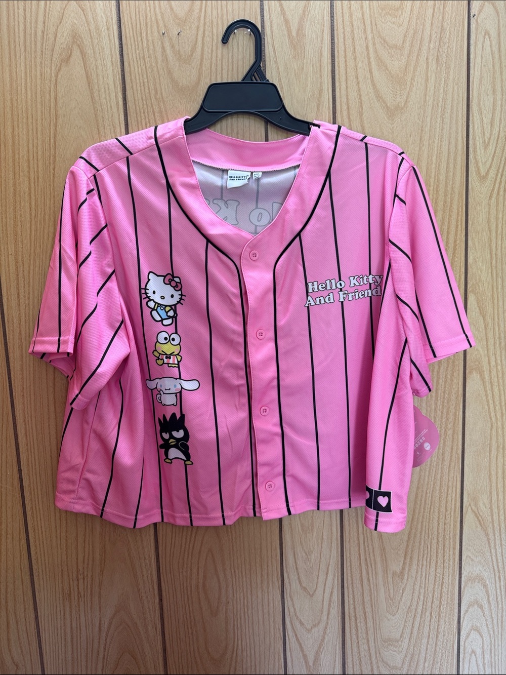 Hello Kitty Cropped Pink Black-Striped Button Front Baseball Top